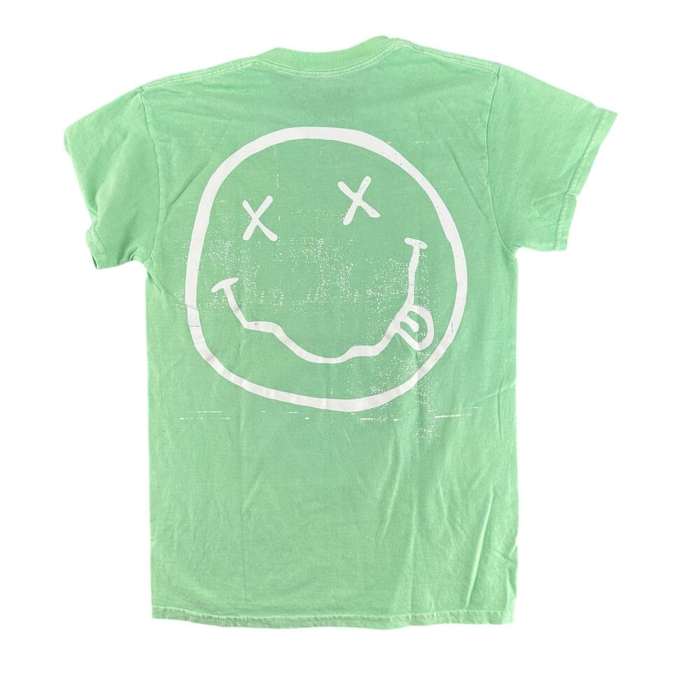 Nirvana Band T-Shirt Mint Green Smiley Face Distressed Screen Print New M - Picture 3 of 6